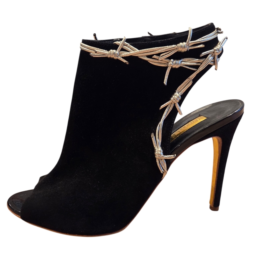 Rupert Sanderson Black Suede Peep Toe Booties  Stiletto Heels Steampunk 39.5